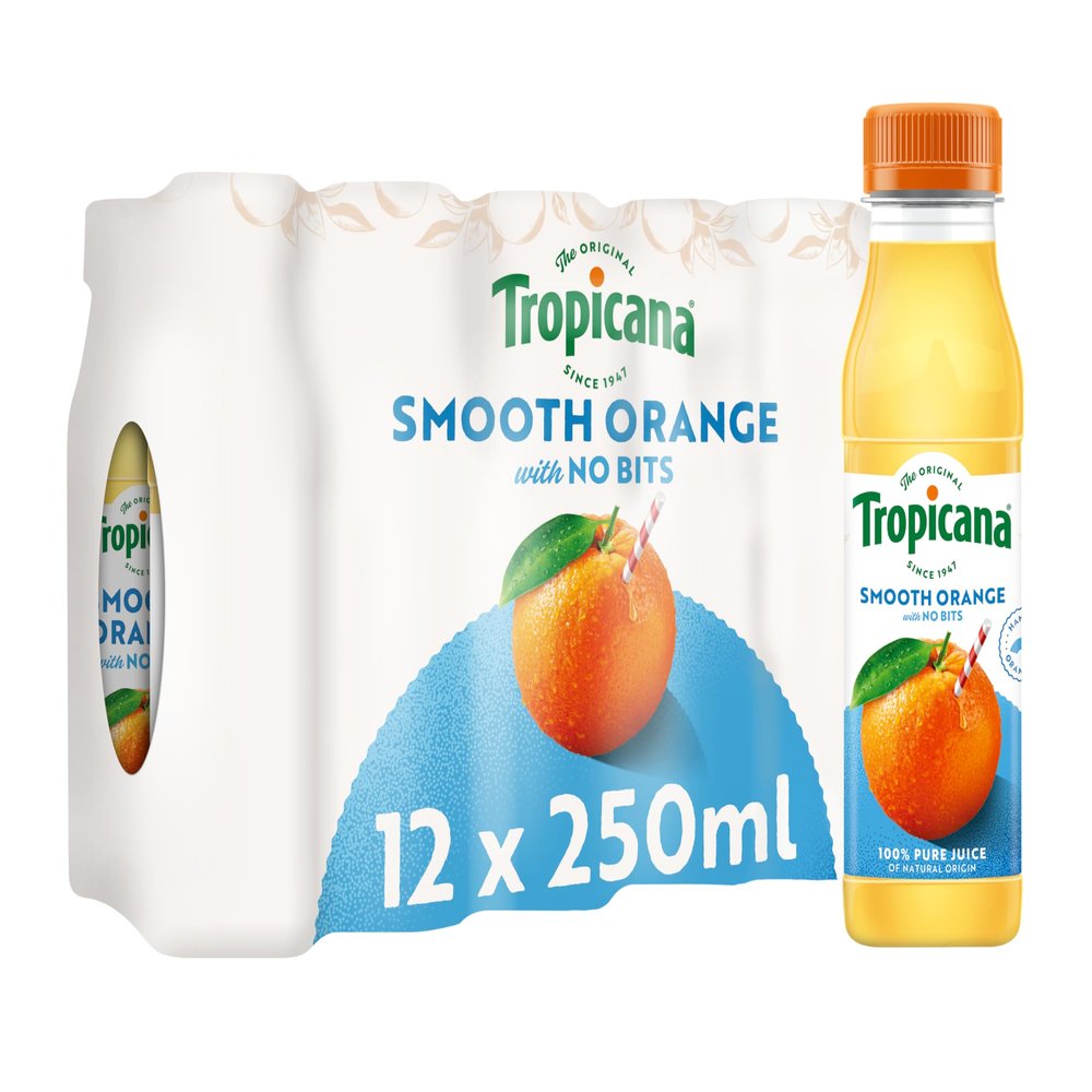 Tropicana - Orange Fruit Juice with No Bits - Long Life Pure Orange Juice, No Added Sugar, No Added Artificial Flavours, with Vitamin C - Breakfast Drink - 250ml (Pack of 12)