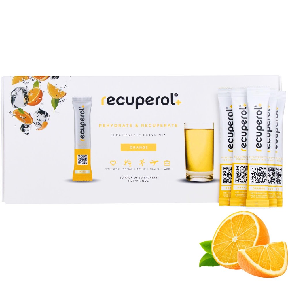 Recuperol Electrolytes Sachets | Electrolytes Powder for Rehydration | 60 Sachets | Sugar-Free Hydration Powder | Zinc, Vitamin C, B12, D3, Potassium | Natural Orange Flavour