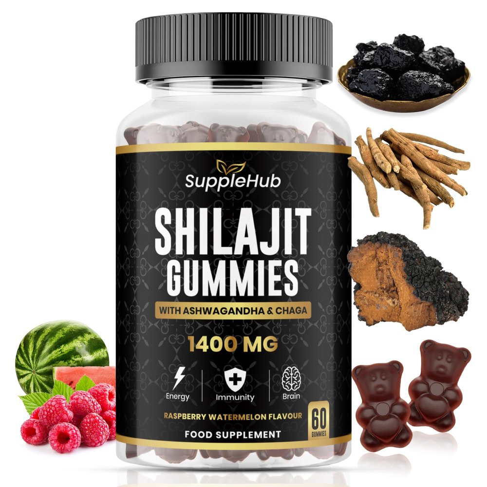Shilajit Gummies 1400mg, Pure Himalayan Shilajit Gummies with Ashwagandha and Chaga, Rich in Fulvic Acid, Natural Energy Boost, Sugar Free, Vegan, Raspberry & Watermelon Flavour - 60 Gummies/Bottle