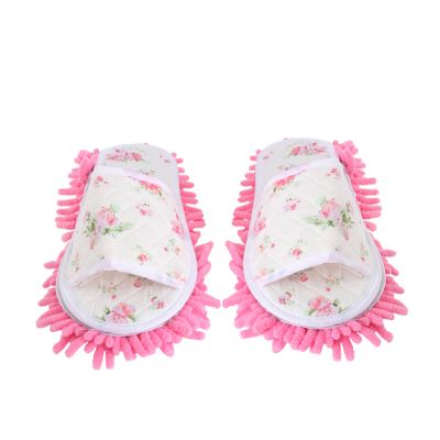 minkissy Peep-toe Mop Slippers Indoor Dusting Household Cleaning Slippers Removable Canvas Floor-wipe Shoes Washable Chenille Fabric, One Size Pink Floral for Home