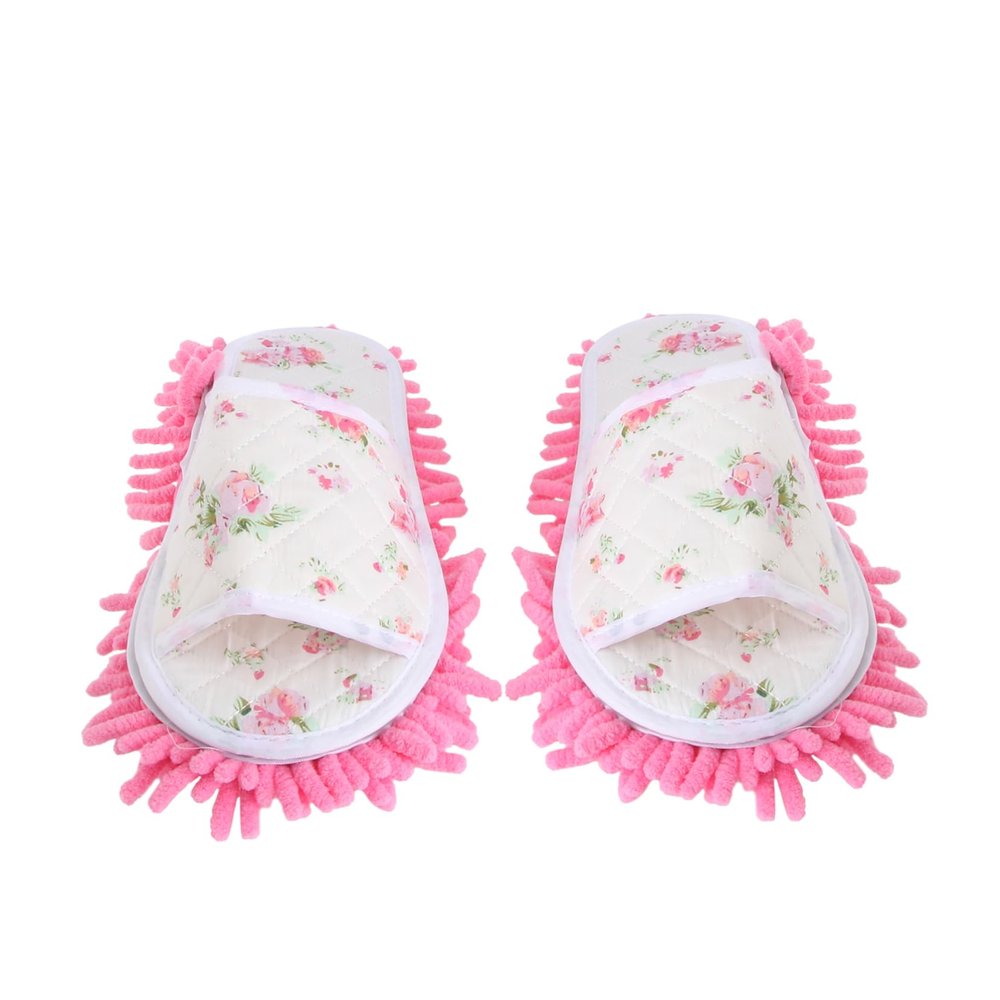 minkissy Peep-toe Mop Slippers Indoor Dusting Household Cleaning Slippers Removable Canvas Floor-wipe Shoes Washable Chenille Fabric, One Size Pink Floral for Home
