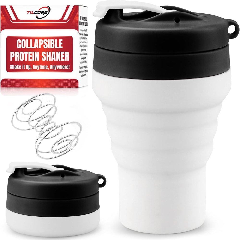 Tilcore Collapsible Protein Shaker & Water Bottle Food-Grade, Leakproof Lid 600mL/20oz Shaker Cup - Reusable Silicone Shaker Cups for Protein Shakes with Mixing Ball for Gym-goers & Travelers - White