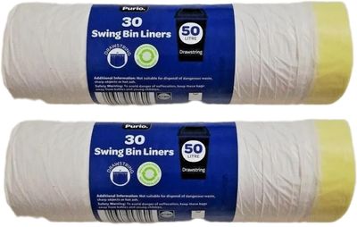 Lidl Purio - 30 Swing Bin Liners | 50 Litres | Drawstring Bag | 76cm x 63cm | x 3 [TRIPLE PACK]