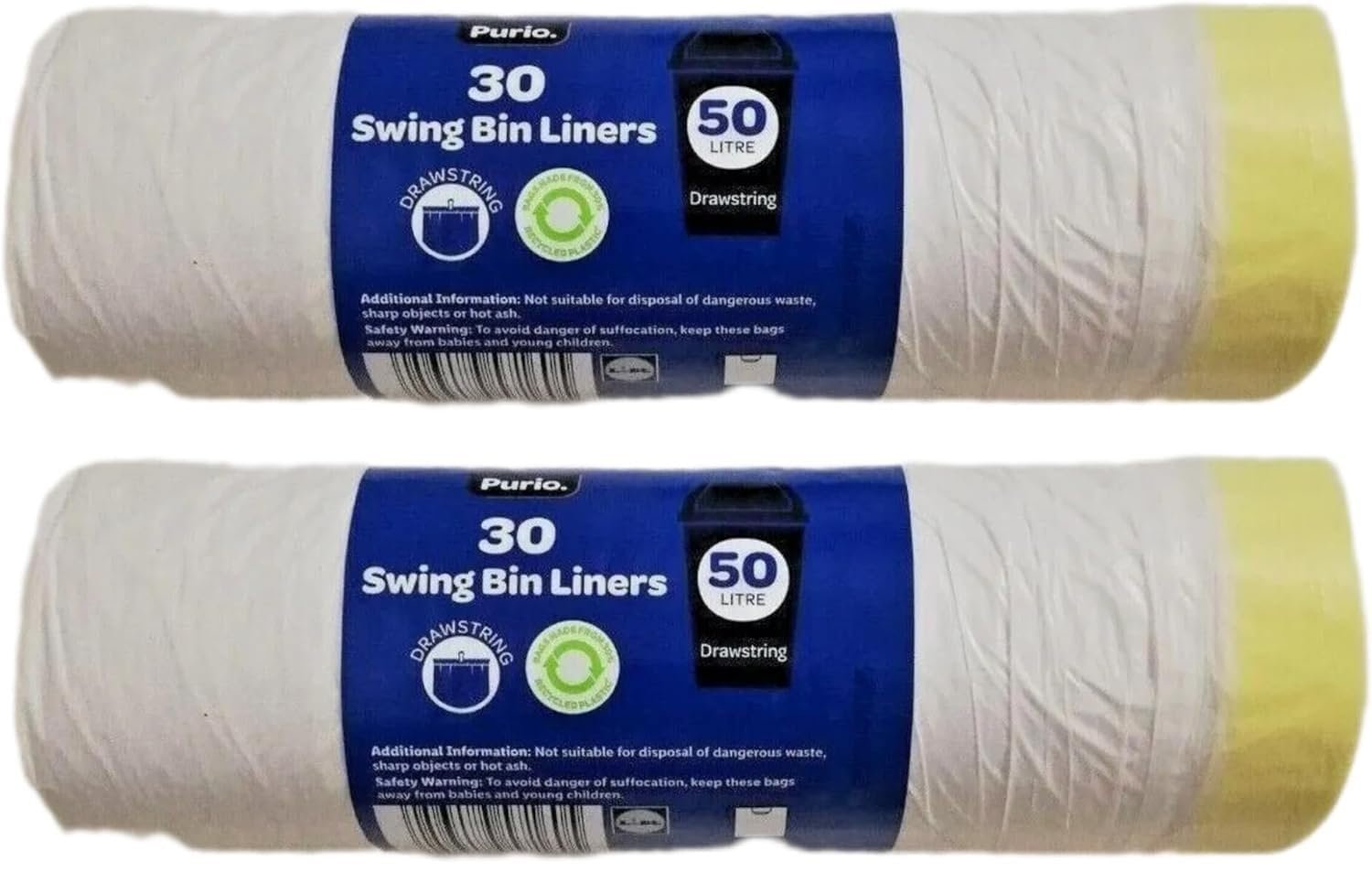 Lidl Purio - 30 Swing Bin Liners | 50 Litres | Drawstring Bag | 76cm x 63cm | x 3 [TRIPLE PACK]
