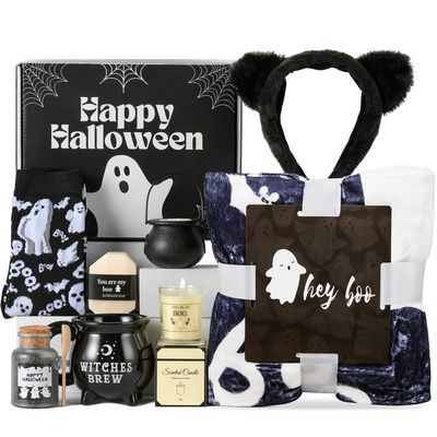 Boo Basket Gifts for Women & Girls - Witch Brew Mug, Throw Blanket, Scented Candle & Relaxing Sap
