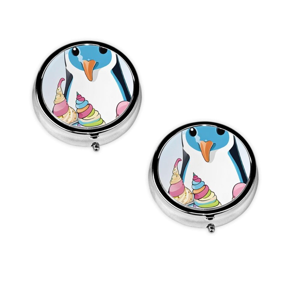 Penguins Printed Mini Round Pill Box,Pill Box 3 Compartment Medicine Pill Case, Pill Organizer Travel Pillbox, Portable Pill Box for Pocket, Home, Office Use