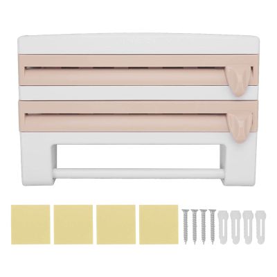 Wall Mounted Cling Film Holder, Plastic Film Dispenser and Cutter, Cling Film Dispenser with Cutter and Side Button, Multifunctional Storage Cutter Rack