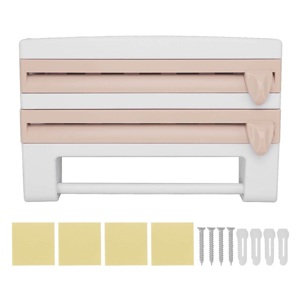 Wall Mounted Cling Film Holder, Plastic Film Dispenser and Cutter, Cling Film Dispenser with Cutter and Side Button, Multifunctional Storage Cutter Rack