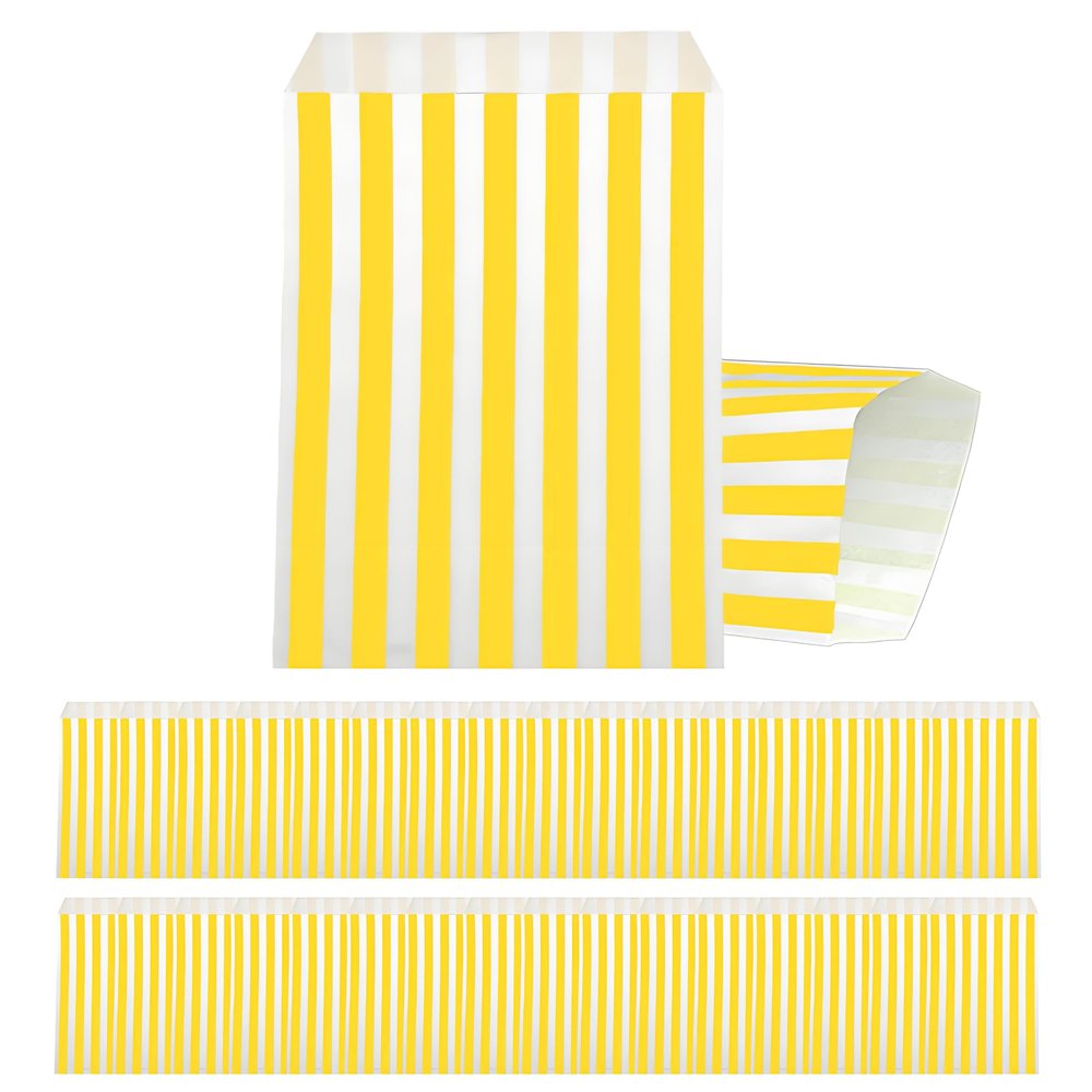 100pcs 5x7'' Yellow Stripe Paper Bag Sweet Bags Candy Bags,Striped Paper Bag for Sweets,Yellow Sweetie Party Bags for Kids Girls Boys Halloween Wedding Birthday Party Christmas Paper Bag