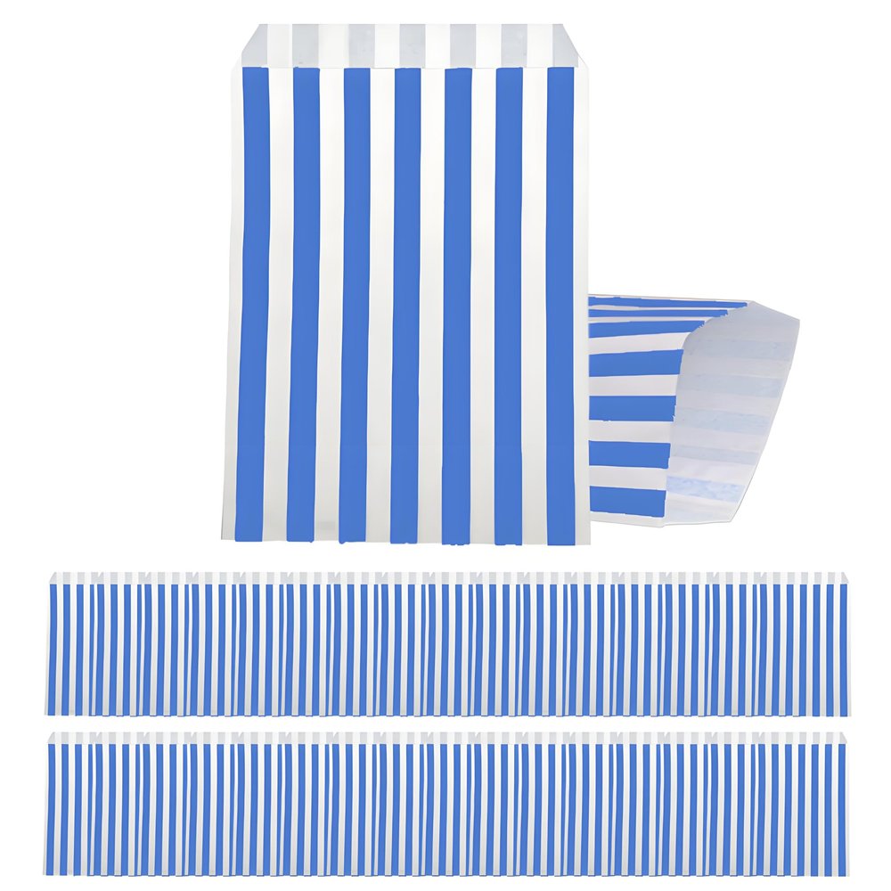100pcs 5x7'' Blue Stripe Paper Bags - Sweet Bags for Kids, Girls & Boys - Perfect for Parties, Weddings, Birthdays, Halloween & Christmas