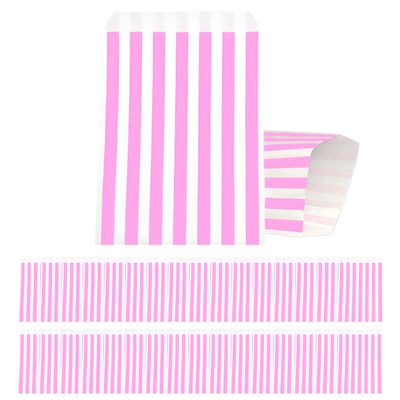 100Pcs Pink Paper Sweet Bags Small, Pink and White Candy Stripe Paper Bag, Mini Party Sweetie Bags for Kids Girls Boys Halloween Christmas Wedding Birthday Party- 5x7''