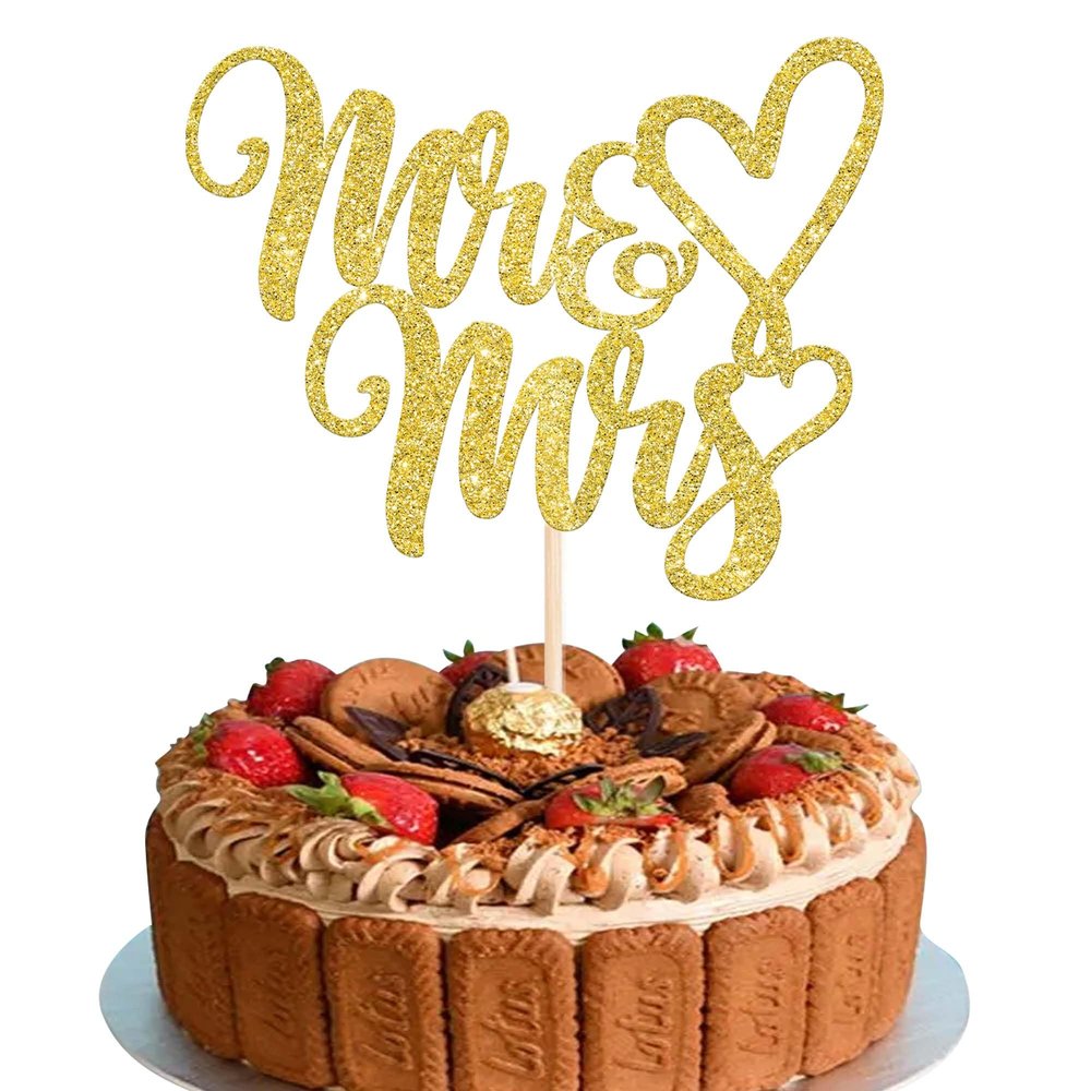 1 Pack Mr and Mrs Cake Topper Glitter Love Heart Mr & Mrs Cupcake Decoration for Bridal Shower Engagement Wedding Party Cupcake Decoration Supplies Gold
