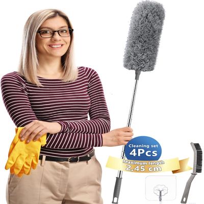 Feather Duster,Dusters For Cleaning Extendable,With30-240cm Pole Telescopic Cobweb Brush Grey4Pcs