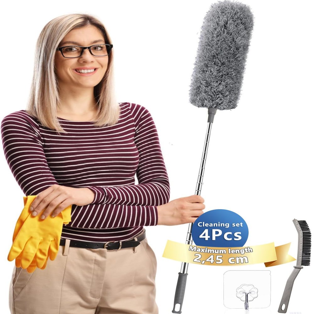 Feather Duster,Dusters For Cleaning Extendable,With30-240cm Pole Telescopic Cobweb Brush Grey4Pcs