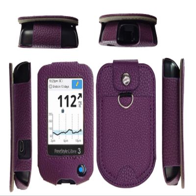 Fitted Leather Case W/Screen Protector & Pocket (Lanyard Included) for Freestyle Libre 3 Libre 2 (Purple)