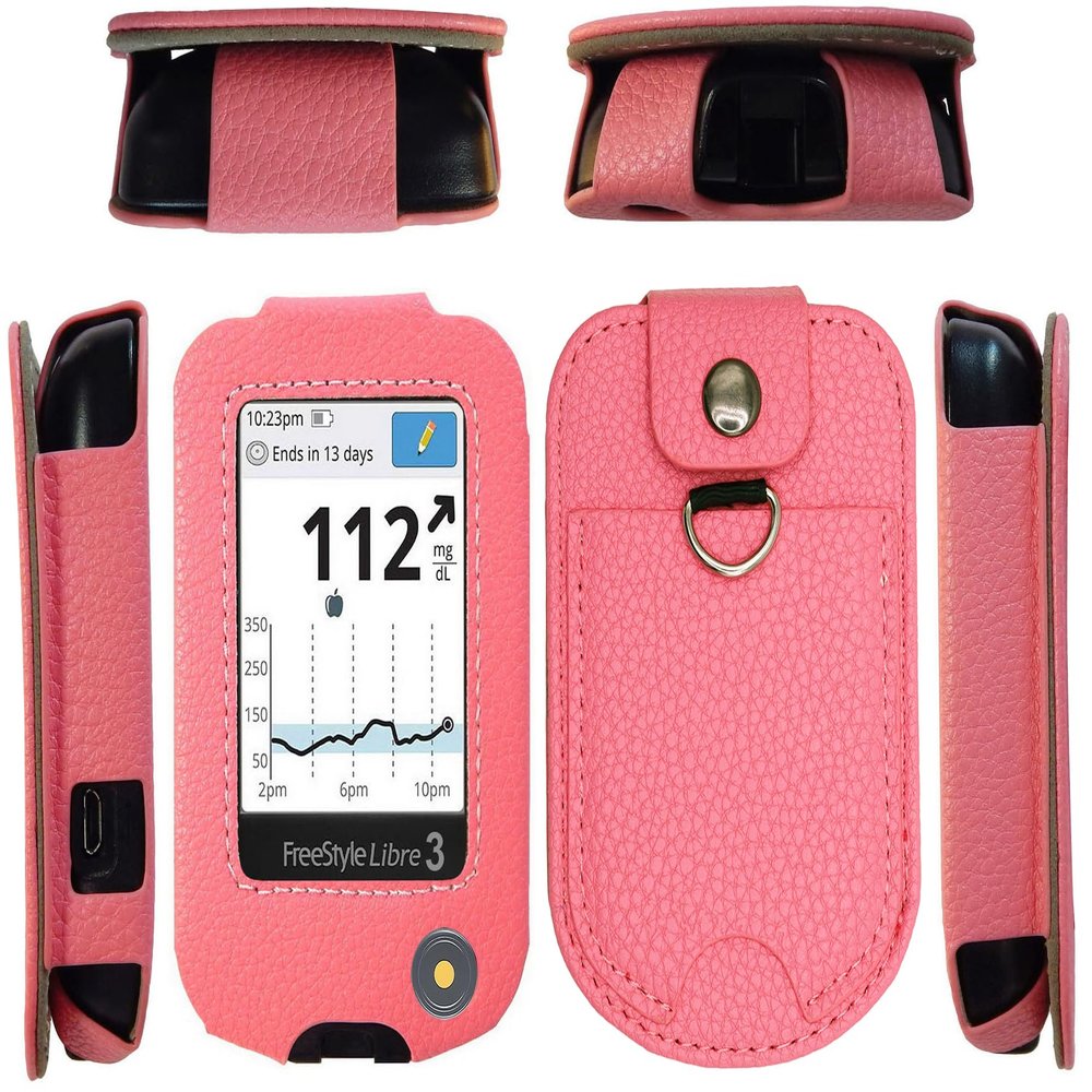 Fitted Leather Case W/Screen Protector & Pocket (Lanyard Included) for Freestyle Libre 3, Freestyle Libre 2 (Pink)