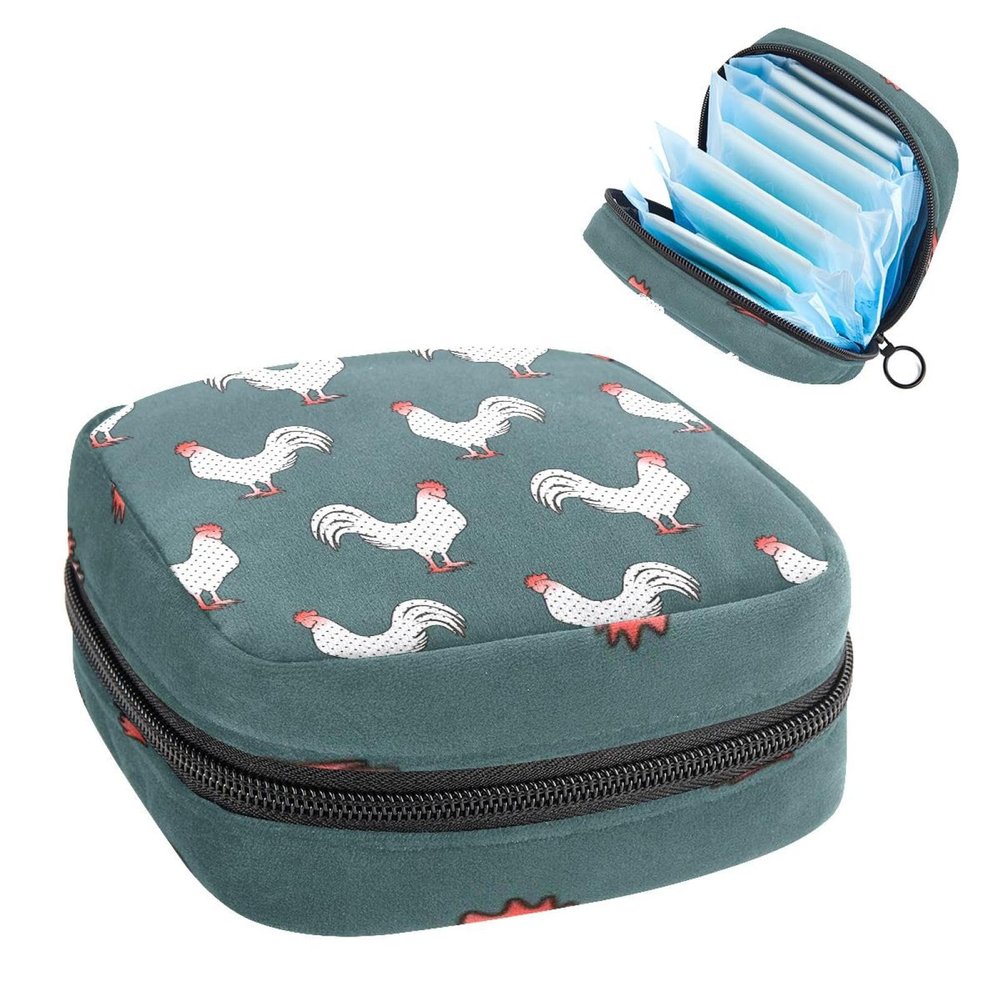 Storage Bag for Sanitary Napkin Pads, Menstrual Cup Pouch, Period Bag Organizer for Feminine Pads Tampons, Black Dots White Rooster Pattern