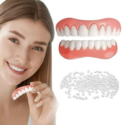 Care Spring Temporary Prosthesis Teeth 2 Pairs Instant Veneers Dental, Natural Tone Cosmetic Teeth Veneer for Teeth Whitening, Dentures Teeth Top And Bottom Set for Men And Women Perfect Smile