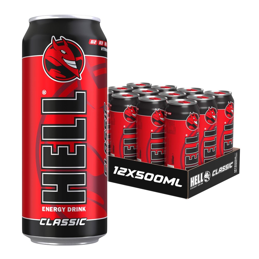 HELL Energy Drink Classic Flavour | 12 x 500ml Cans Multipack | 32mg/100ml Caffeine | Contains Vitamins B2 B3 B5 B6 B12 | Preservative Free | Vegan | Reduce Fatigue & Boost Energy