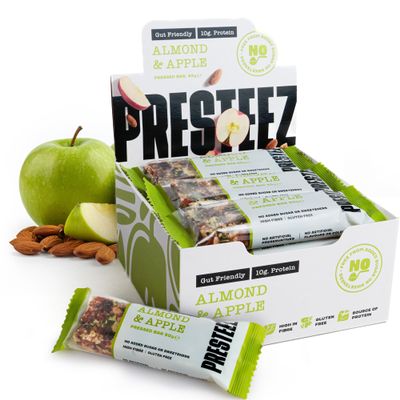 Presteez Apple & Almond 50g Protein Bars - No Added Sugar or Sweeteners, Gluten Free, High Fibre, Healthy Snacks with Prebiotics, Fibre & Vitamin C, Gut Friendly Bars. 10g Protein, 12 Pack