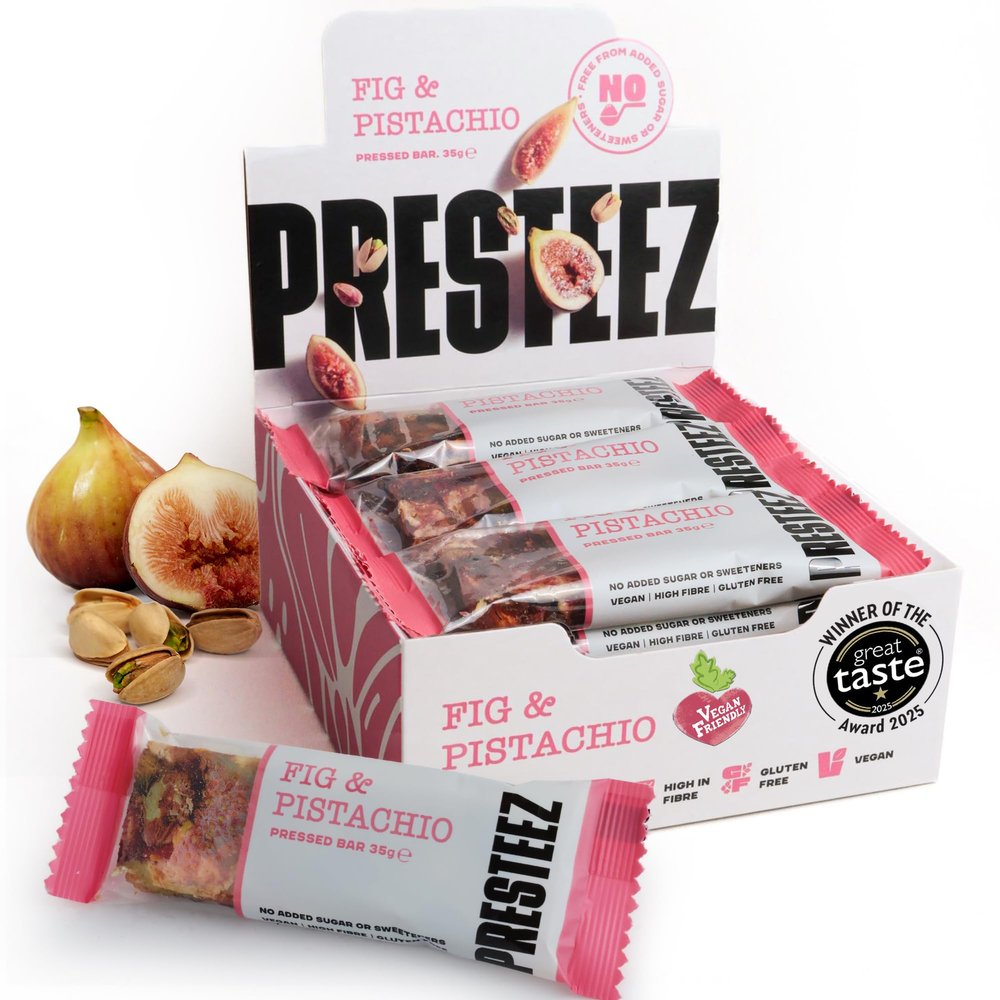 Presteez Fig & Pistachio Fruit and Nut Bar - Healthy Snacks, No Added Sugar or Sweeteners, Vegan, Gluten Free, High Fibre Energy Bars, Support Clean Eating, 35g, 12 Pack