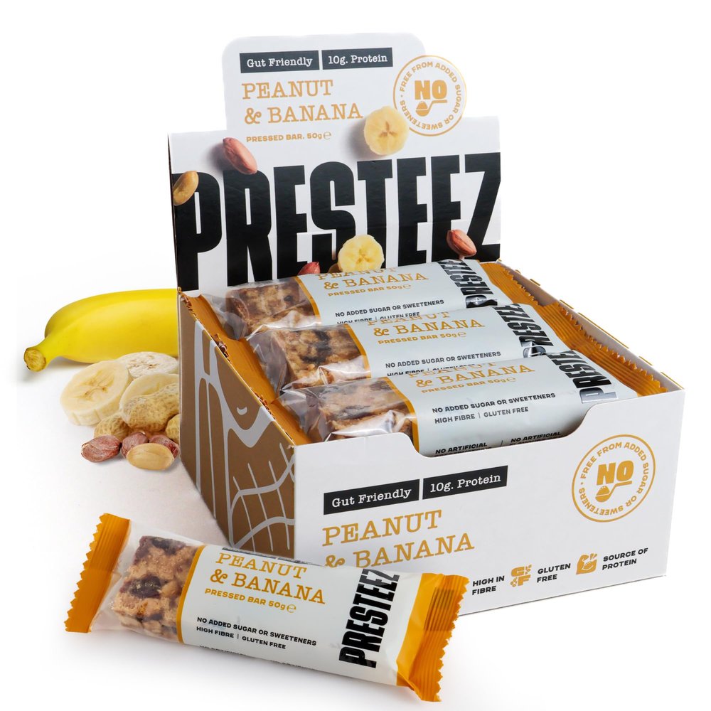 Presteez Banana & Peanut 50g Protein Enhanced Bars - No Added Sugar or Sweeteners, Gluten Free, High Fibre, Healthy Snacks with Prebiotics, Fibre & Vitamin C, Gut Friendly Bars. 10g Protein, 12 Pack