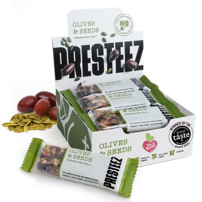 Presteez Olive & Seed Savory Fruit and Nut Bar - Healthy Snacks, No Added Sugar or Sweeteners, Vegan, Gluten Free, High Fibre Energy Bars, Support Clean Eating, 35g, 12 Pack
