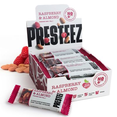 Presteez Raspberry & Almond Fruit and Nut Bar - Healthy Snacks, No Added Sugar or Sweeteners, Vegan, Gluten Free, High Fibre Energy Bars, Support Clean Eating, 35g, 12 Pack