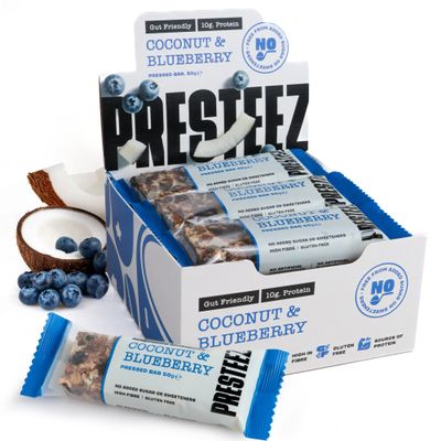 Presteez Coconut & Blueberry 50g Protein Bars - No Added Sugar or Sweeteners, Gluten Free, High Fibre, Protein Enhanced Healthy Snacks with Prebiotics, Fibre & Vitamin C, 10g Protein, 12 Pack