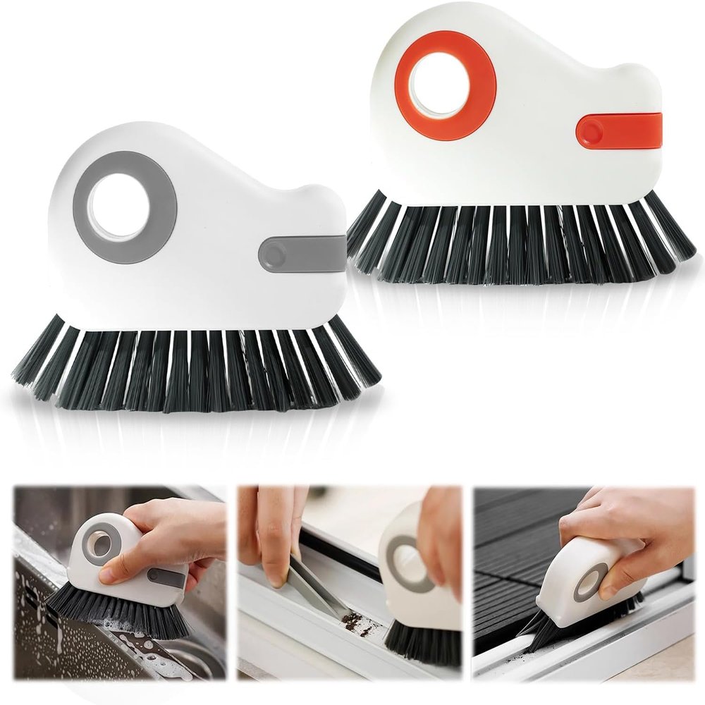 2 in 1 Groove Cleaning Brush, 2PCS Window Track Cleaning Tools, 2024 Multipurpose Hard Bristle Crevice Cleaning Brush with Hidden Scraper, Shutter Door Window Track Kitchen Cleaning Kit (Gray Orange)