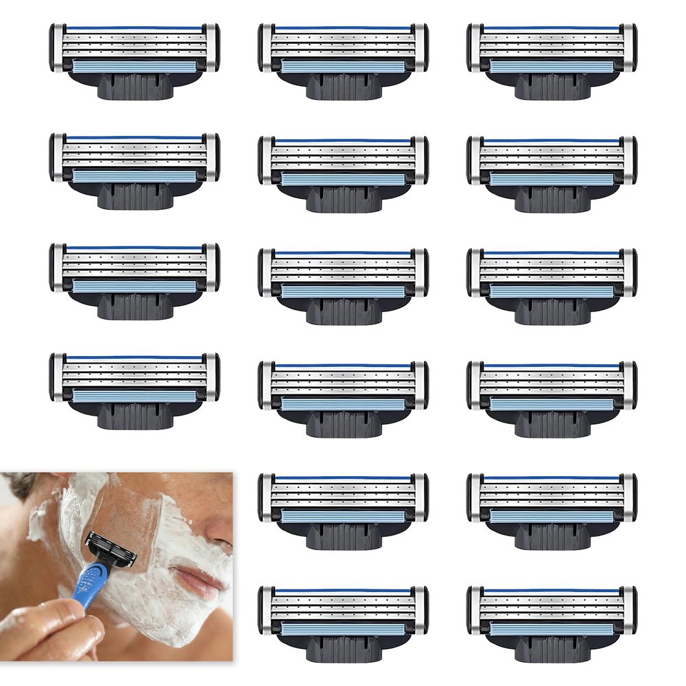 16 Pcs Razors for Men, Razor Blades Refills, 3-Layer Shaver Blades with Double Lubrication Strip, Premium Quality Replacement Blades for Smooth Shaving for Daily Use