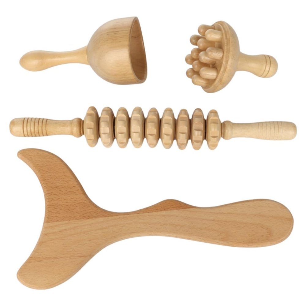 4 Pcs Wooden Maderoterapia Kit with Contouring Board, Muscle Relaxation, Lymphatic Drainage, Wood Cup, Body Massage Sculpting Tools, Wood Massage Tools, Roller Stick, Mushroom Massager
