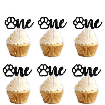 18pcs Black Silhouette Glitter Dog Paw One Dessert Cupcake Topper Pick for Dog Pet Adoption Theme Decor Supplies Baby Shower Boys Girls Happy 1st Birthday Party Decorations