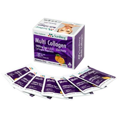 Sunberg Multi Collagen Peptides Sachets - 1000mg Hydrolyzed Collagen Type I, II, III Hyaluronic Acid Biotin for Skin Hair Nail Joints Bones Muscles Teeth - Halal Collagen Complex Supplement 30 Sachets