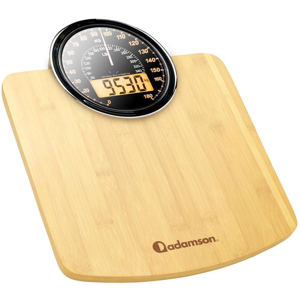 Adamson Hybrid 2-in-1 Analog & Digital Weighing Scale for Body Weight up to 180kg - Thick Tempered Glass - Extra Large Display - Easy to Read Digital Bathroom Scale - New Version - Wood