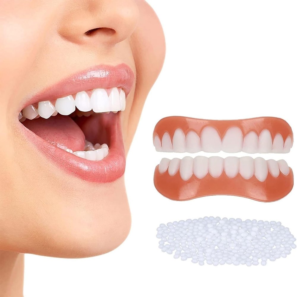 False Teeth 2 Pairs Smile Dentures Top and Bottom, Clip in Veneers Teeth Temporary Denture Repair Kit, Cosmetic Teeth Veneers Fake Teeth Covers, One Size for Most People