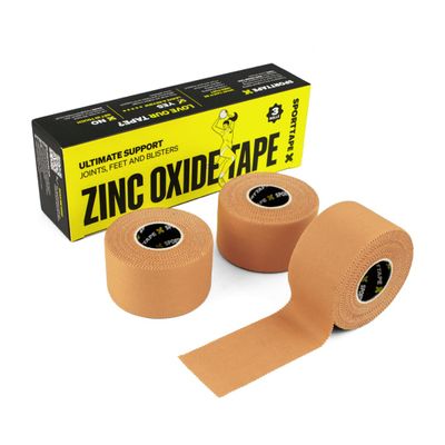 3 Rolls SPORTTAPE Tan Zinc Oxide Tape 3.8cm x 10m  Rigid Rayon Strapping for Blister Prevention, Ankle & Joint Support | Strong Adhesive Athletic Tape for Rugby, Football, Physio
