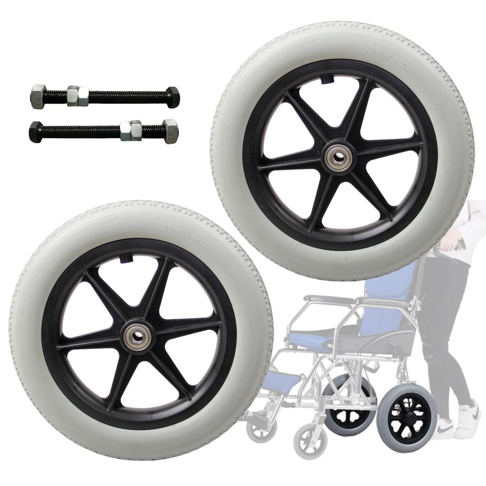 12" Solid PU Rear Caster, Wheel Replacement, With Bearing, Silence, Antiwear, Non-Slip, Wheelchair Rear Wheel, Black Grey (2 Pcs)