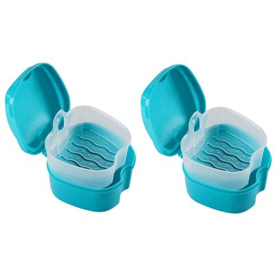 Abledance 2X Blue Denture Case, Denture Cup with Strainer, Denture Bath False Teeth Storage Box with Basket Net Container Holder