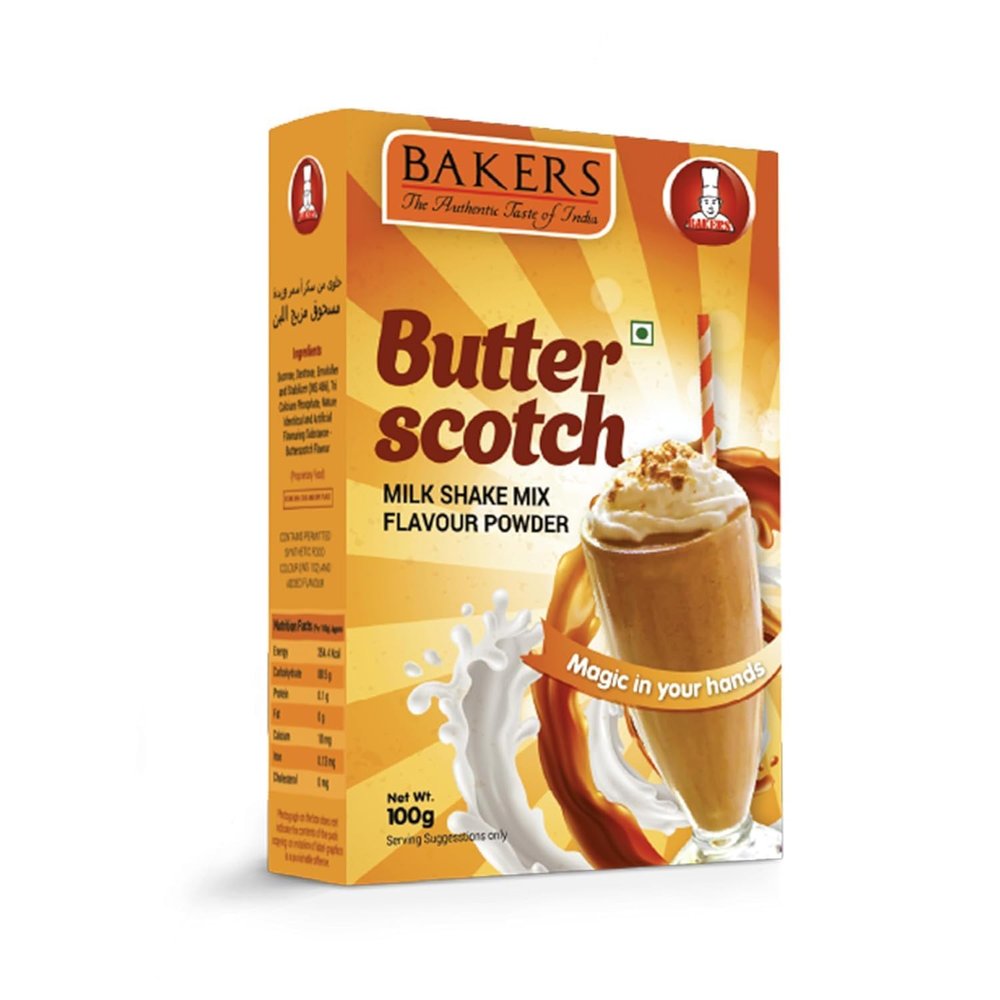 BAKERS Butterscotch Flavour Powder Milk Shake Mix, Instant Preparation No Sugar Needed- 100g (Pack Of 2)
