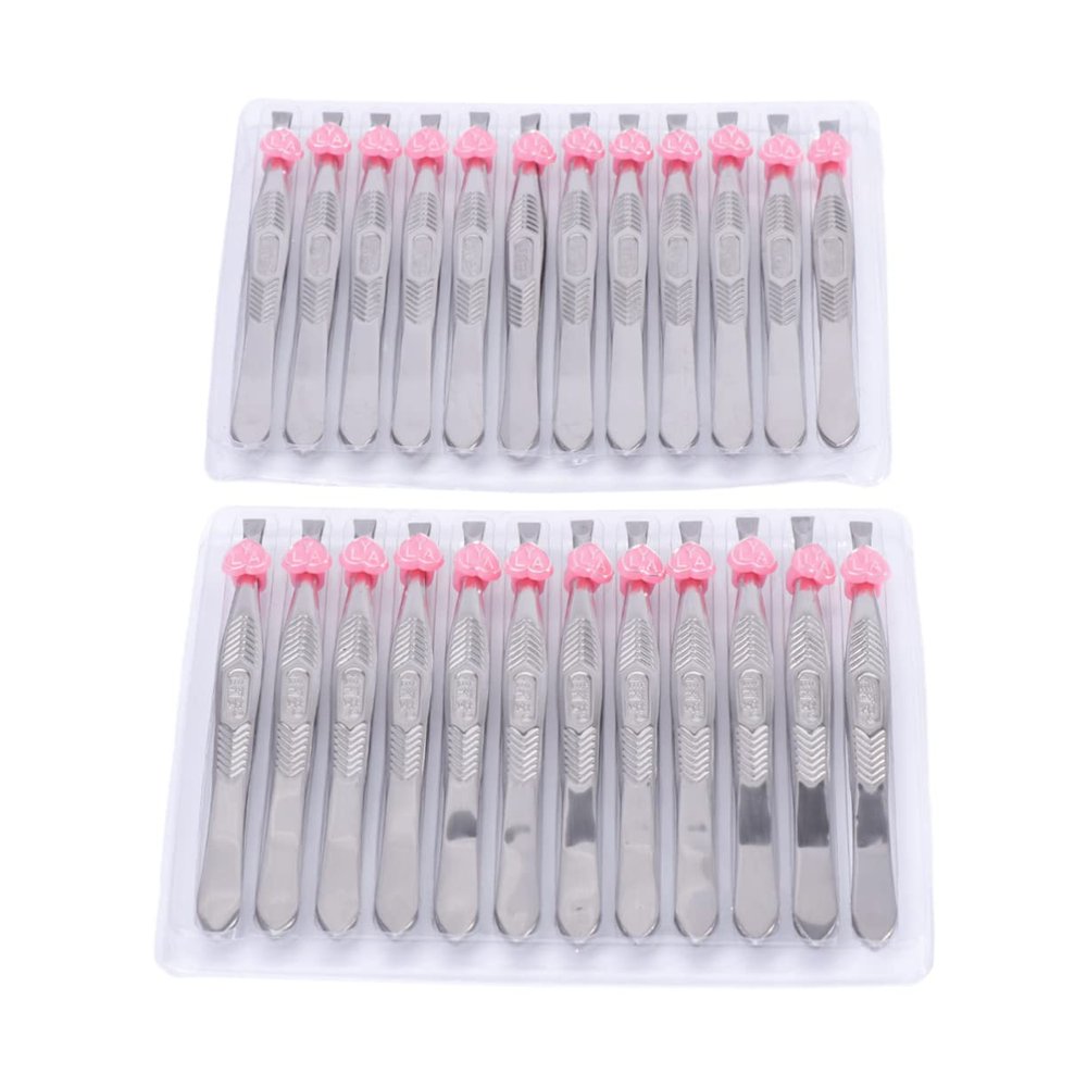 Beatifufu 24pcs Essential Beauty Tool Flat Tip Stainless Steel Eyebrow Tweezers for Face Eyebrow Hair Removal Compact Easy to Clean