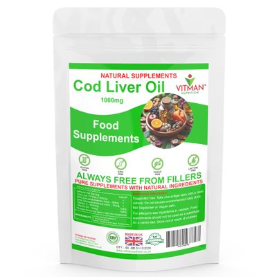 VitMan Nutrition Cod Liver Oil 1000mg 60 Softgels - High Strength Omega-3 EPA & DHA - Pure Fish Oil with Vitamins A & D - Supports Heart, Brain, Vision & Immune Health - Gluten & Additive-Free