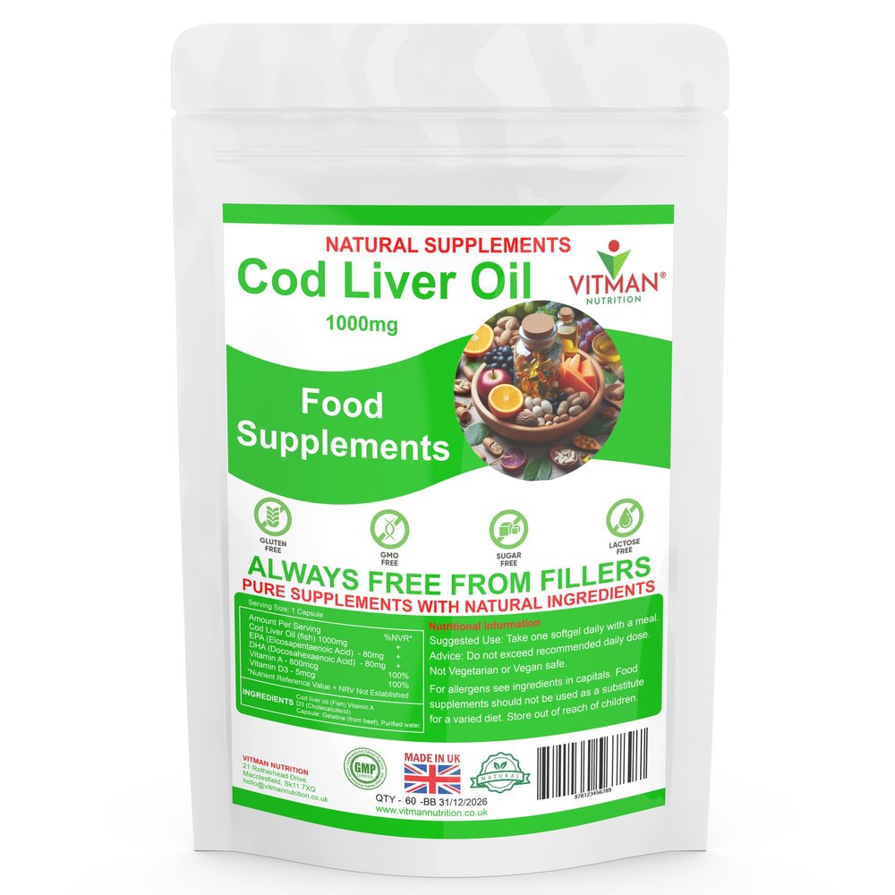 VitMan Nutrition Cod Liver Oil 1000mg 60 Softgels - High Strength Omega-3 EPA & DHA - Pure Fish Oil with Vitamins A & D - Supports Heart, Brain, Vision & Immune Health - Gluten & Additive-Free