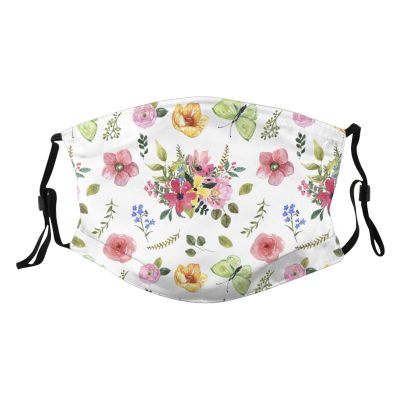 Reusable Cloth Face Mask,Watercolor Blooming Flowers And Cute Butterfly Adult Washable Face Cover With Adjustable Earloops Nose Wire