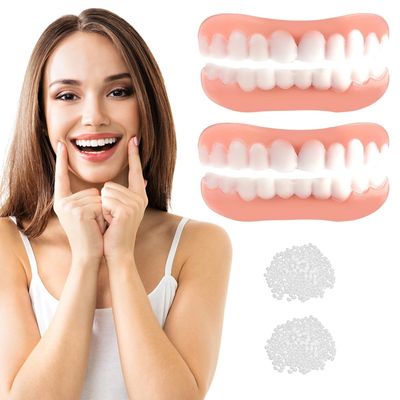 Instant Veneers Teeth 2 Pairs Temporary Tooth Replacement, Cosmetic Teeth Veneers for Man Woman, Snap on Dentures Repair Kit Upper and Lower Jaw, Whitening Your Teeth and Smile Confidently