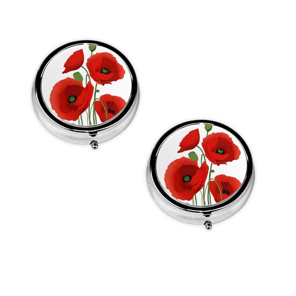 Poppy Flowers Printed Mini Round Pill Box,Pill Box 3 Compartment Medicine Pill Case, Pill Organizer Travel Pillbox, Portable Pill Box for Pocket, Home, Office Use