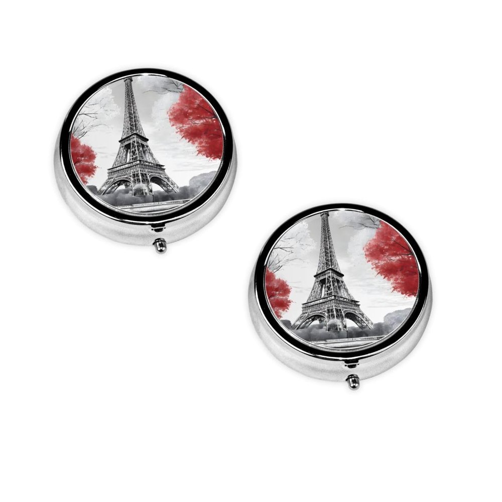 Paris Printed Mini Round Pill Box,Pill Box 3 Compartment Medicine Pill Case, Pill Organizer Travel Pillbox, Portable Pill Box for Pocket, Home, Office Use