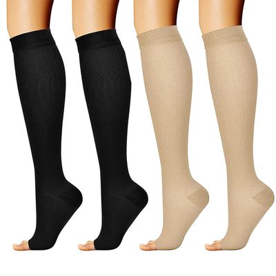 2 Pairs Compression Socks for Women and Men, Open Toe Graduated Stockings Support Non-Slip Breathable Pressure Socks for Sports, Flying, Shin Splints, Travel, Running (L-XL)