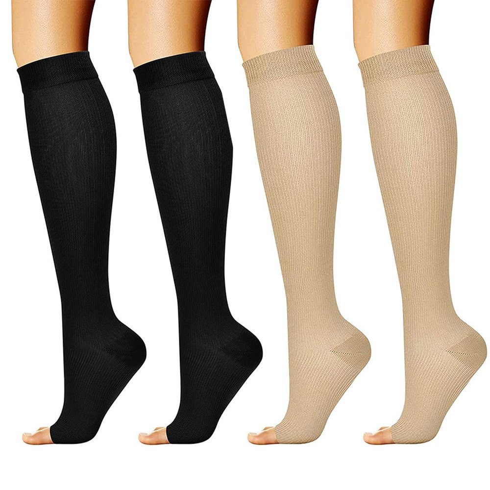 2 Pairs Compression Socks for Women and Men, Open Toe Graduated Stockings Support Non-Slip Breathable Pressure Socks for Sports, Flying, Shin Splints, Travel, Running (L-XL)