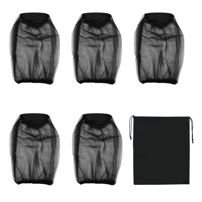 5 PCS Midge Head Net with Drawstring Bag, Midge Net Head Cover, Smidge Head Net, Fine Mesh Insect Netting Mosquito Head Net for Outdoor, Hiking, Camping, Climbing, Fishing, Midge Net Hat Hood, (Black)